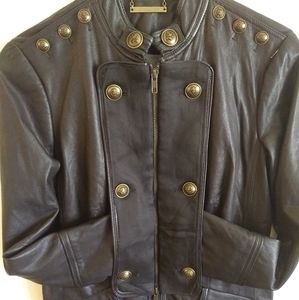 DVF Lamb Leather Military Jacket w/Brass & Silk Embellishments